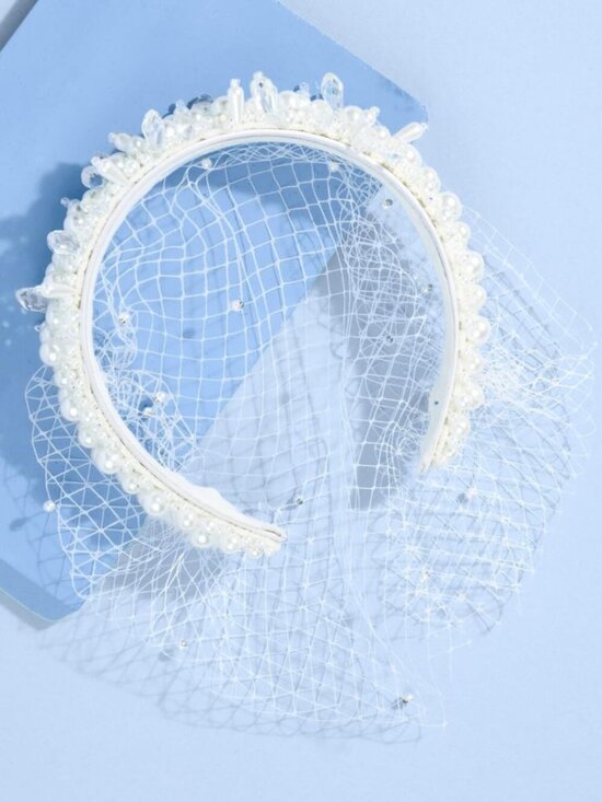 Elegant Pearl Beaded Bridal Headband with Birdcage Veil | Bachelorette & Wedding main image 3